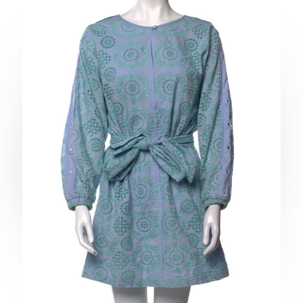 Tanya Taylor Lavender and Mint Embroidered Tie-Waist Dress